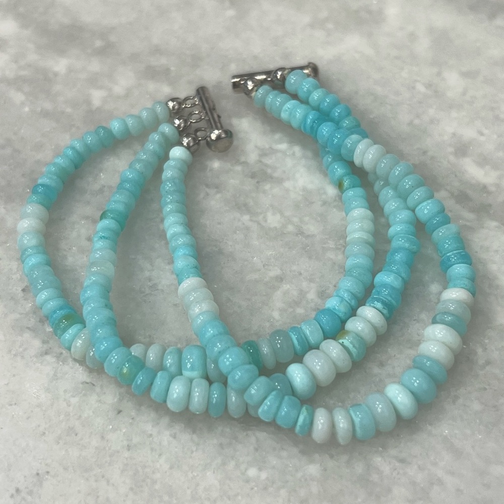 Peruvian Ocean Blue Opal Bead Triple Strand Sterling Silver Bracelet